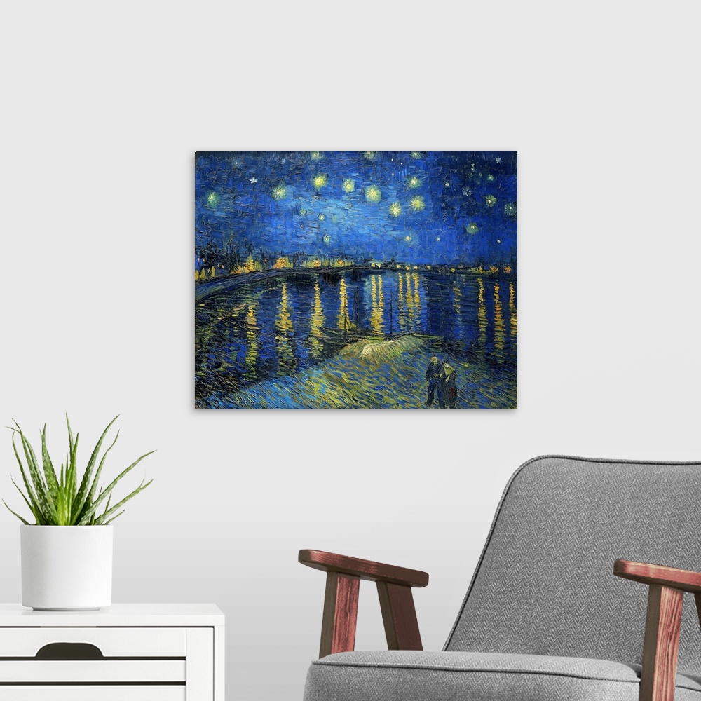 A modern room featuring Vincent van Gogh's Starry Night Over the Rhone (1888) famous landscape painting.