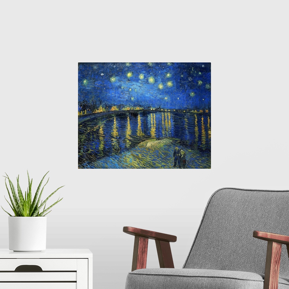 A modern room featuring Vincent van Gogh's Starry Night Over the Rhone (1888) famous landscape painting.