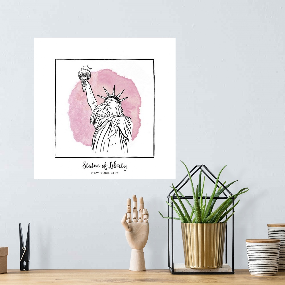 A bohemian room featuring An ink illustration of the Statue of Liberty in New York City, with a pink watercolor wash.