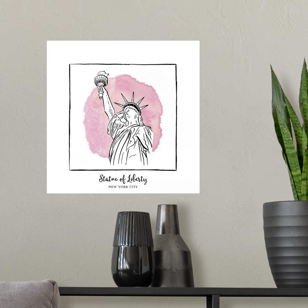 A modern room featuring An ink illustration of the Statue of Liberty in New York City, with a pink watercolor wash.