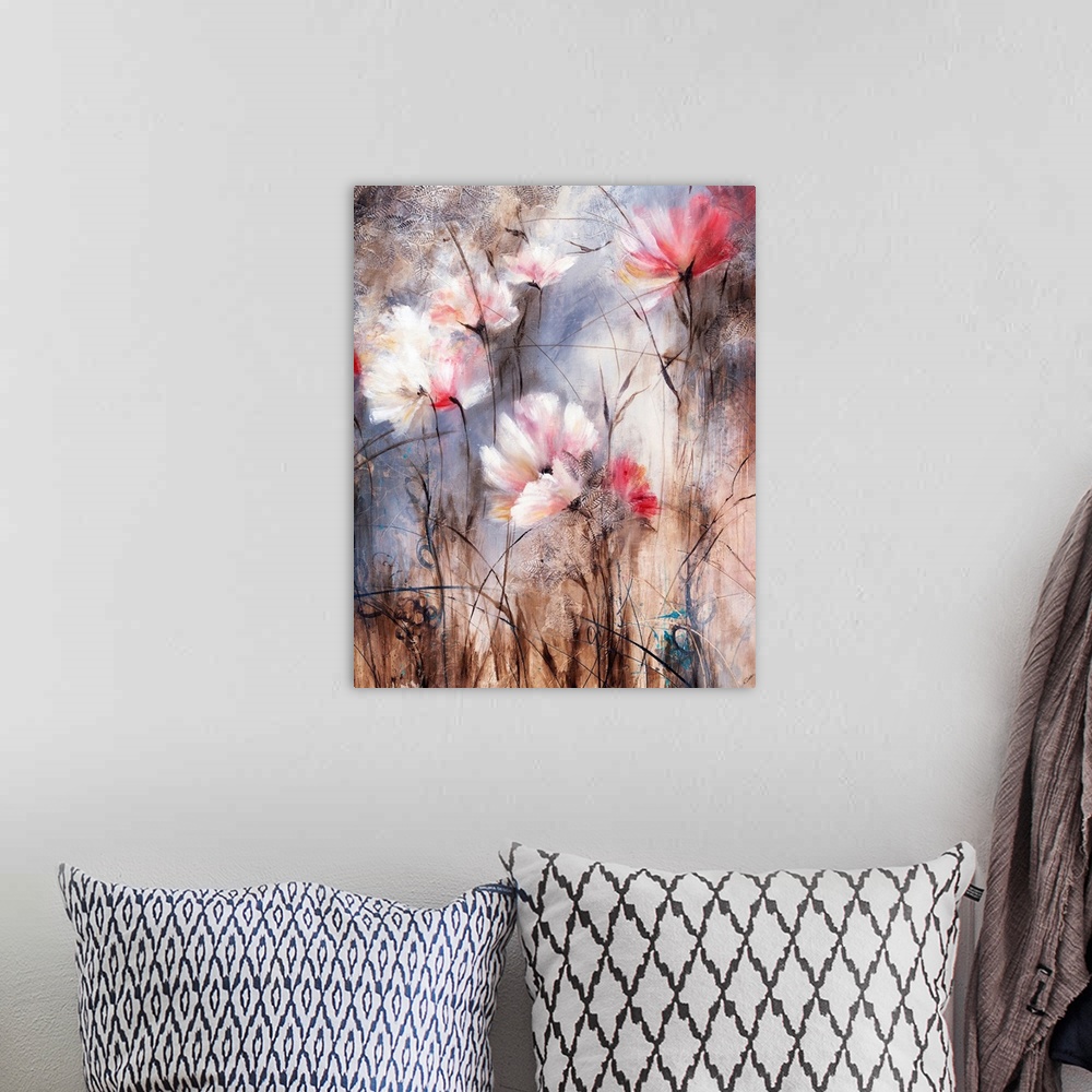 A bohemian room featuring Contemporary painting of soft pale colored flowers against an abstract background.