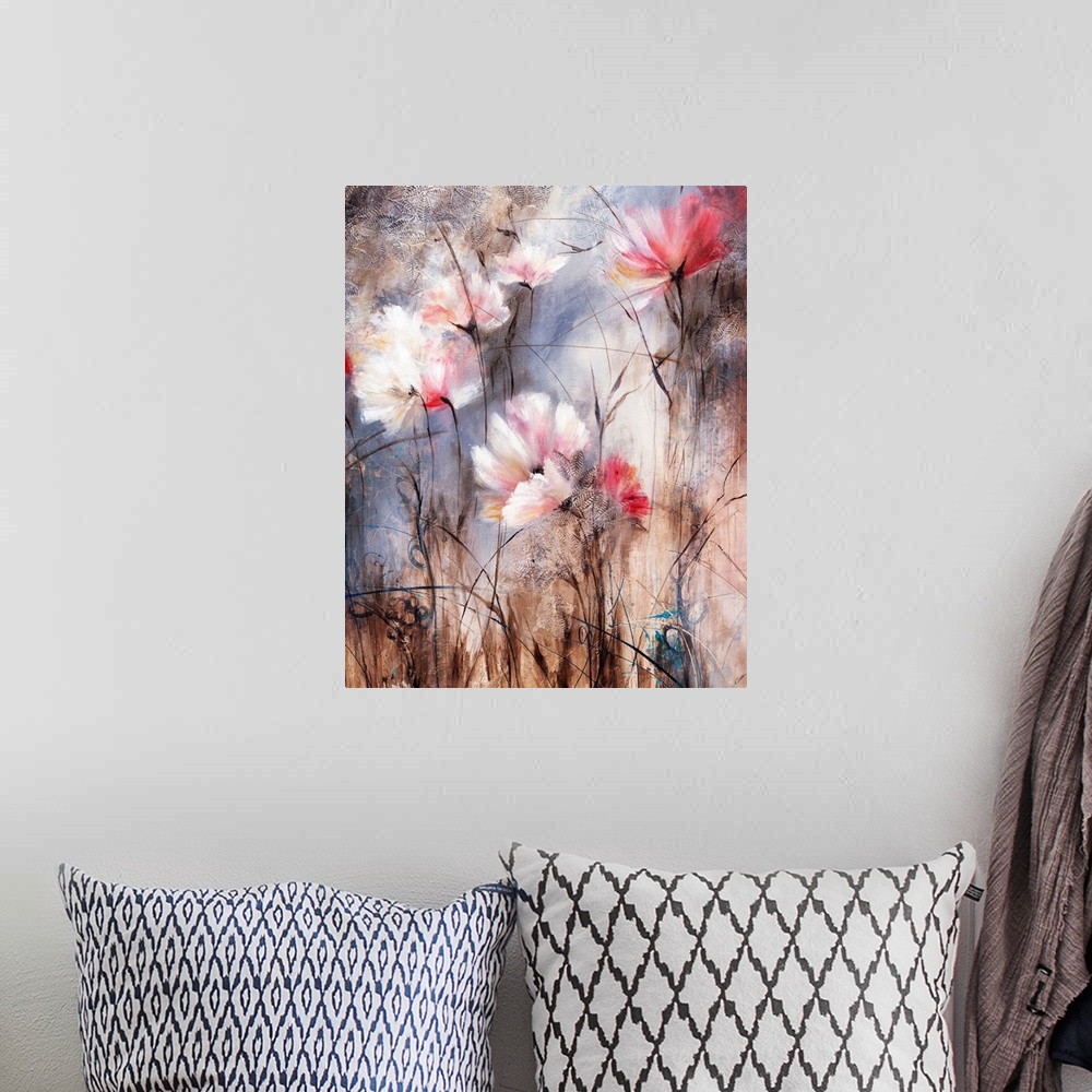 A bohemian room featuring Contemporary painting of soft pale colored flowers against an abstract background.