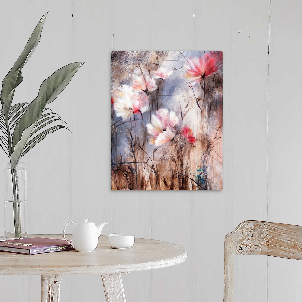A farmhouse room featuring Contemporary painting of soft pale colored flowers against an abstract background.