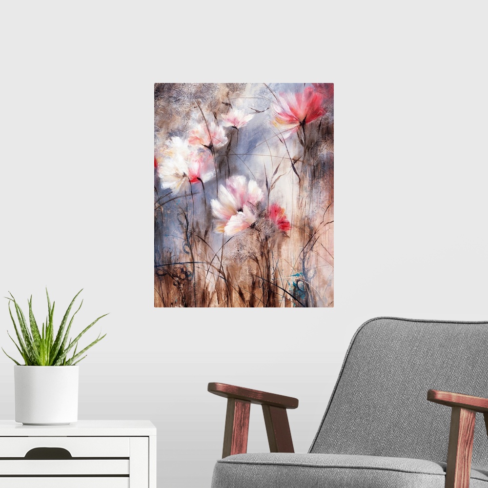 A modern room featuring Contemporary painting of soft pale colored flowers against an abstract background.