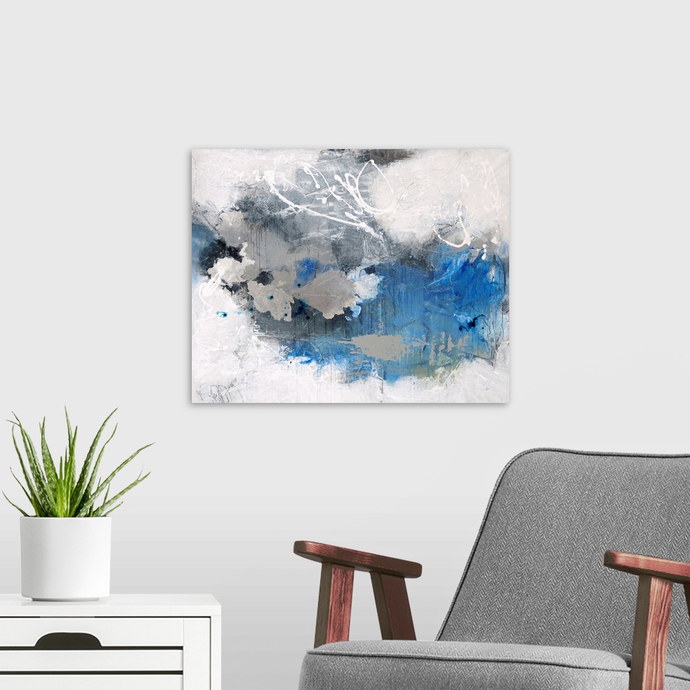 A modern room featuring Contemporary abstract painting in white and blue, with white swirls.