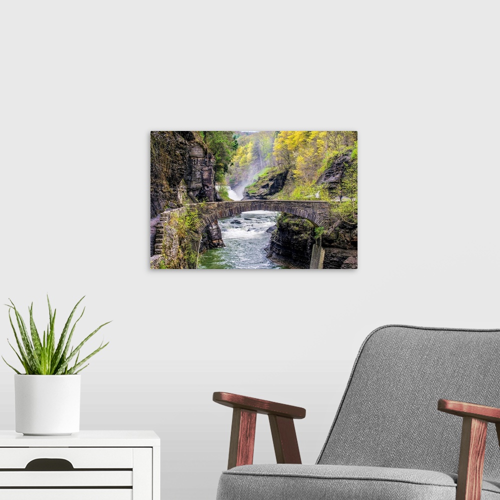 A modern room featuring Stone bridge over the Genessee River in Letchworth State Park, New York.