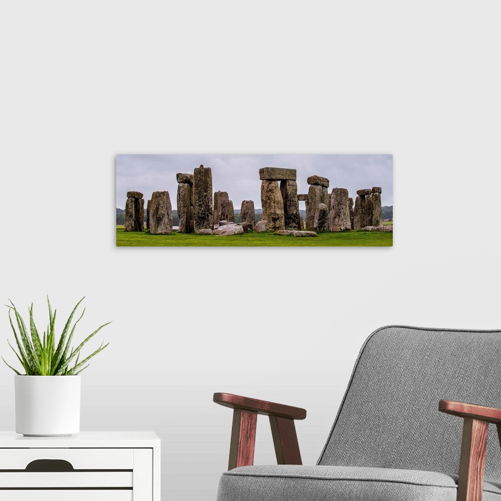 A modern room featuring Panoramic photograph of Stonehenge, a prehistoric monument and now a historic landmark in Wiltshi...