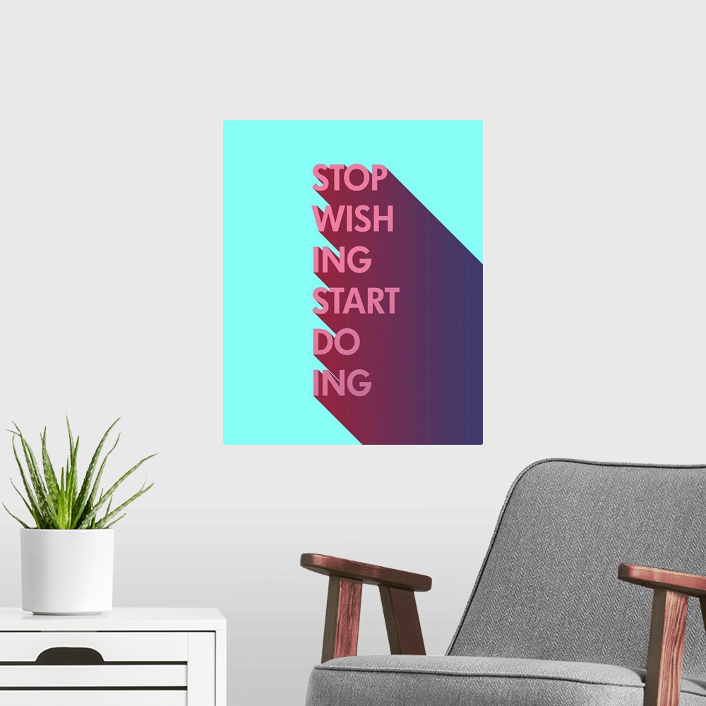 A modern room featuring Typography poster with a long gradient drop shadow over pale blue.