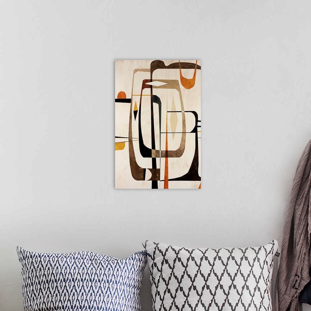A bohemian room featuring This contemporary painting uses elongated decorative shapes to add movement and depth to this abs...