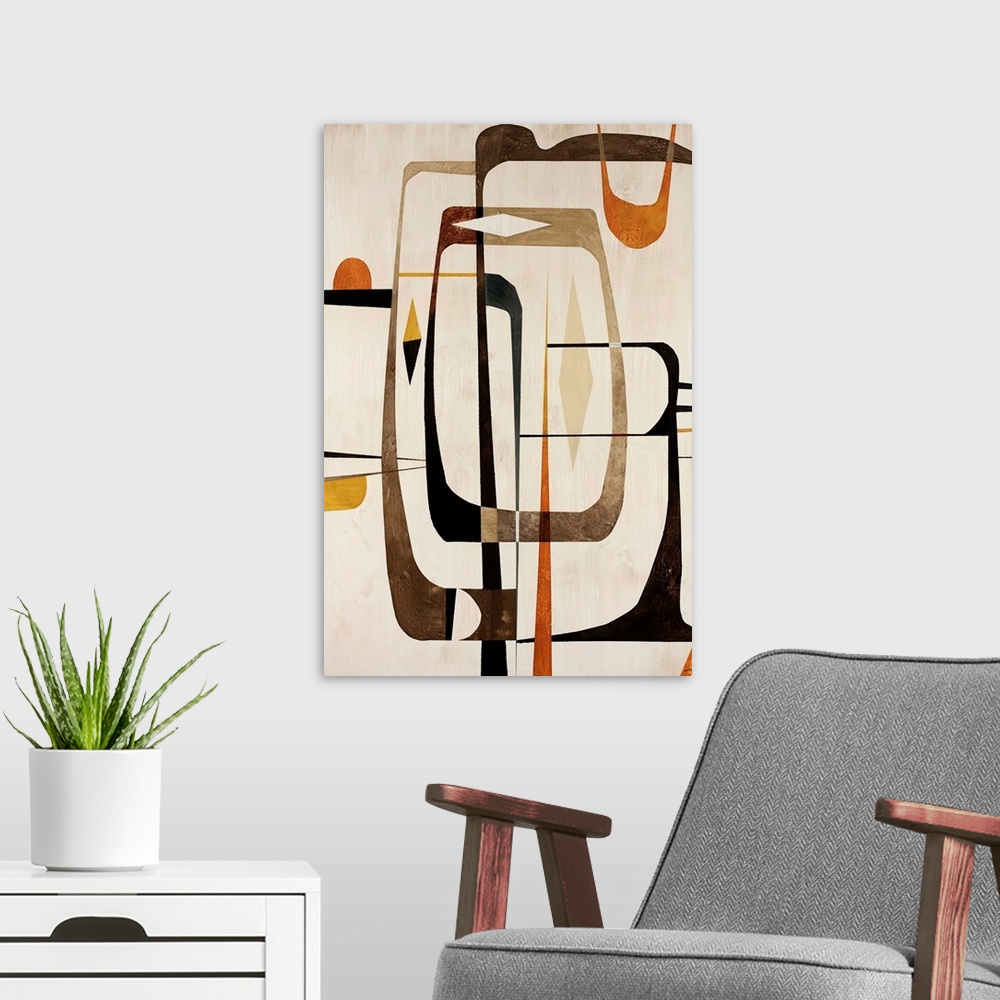 A modern room featuring This contemporary painting uses elongated decorative shapes to add movement and depth to this abs...