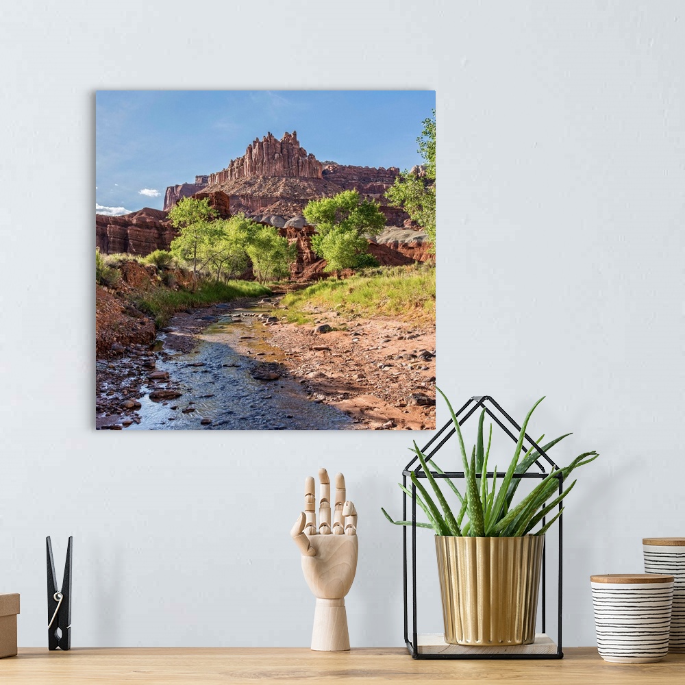 A bohemian room featuring View of 'The Castle' rock formation near a stream at Capitol Reef National Park.