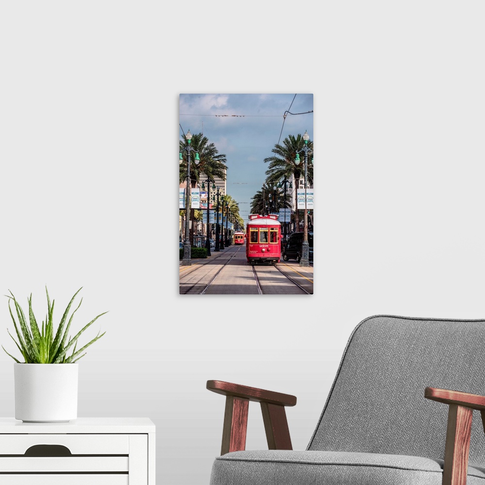 A modern room featuring Streetcars traveling in New Orleans, Louisiana.