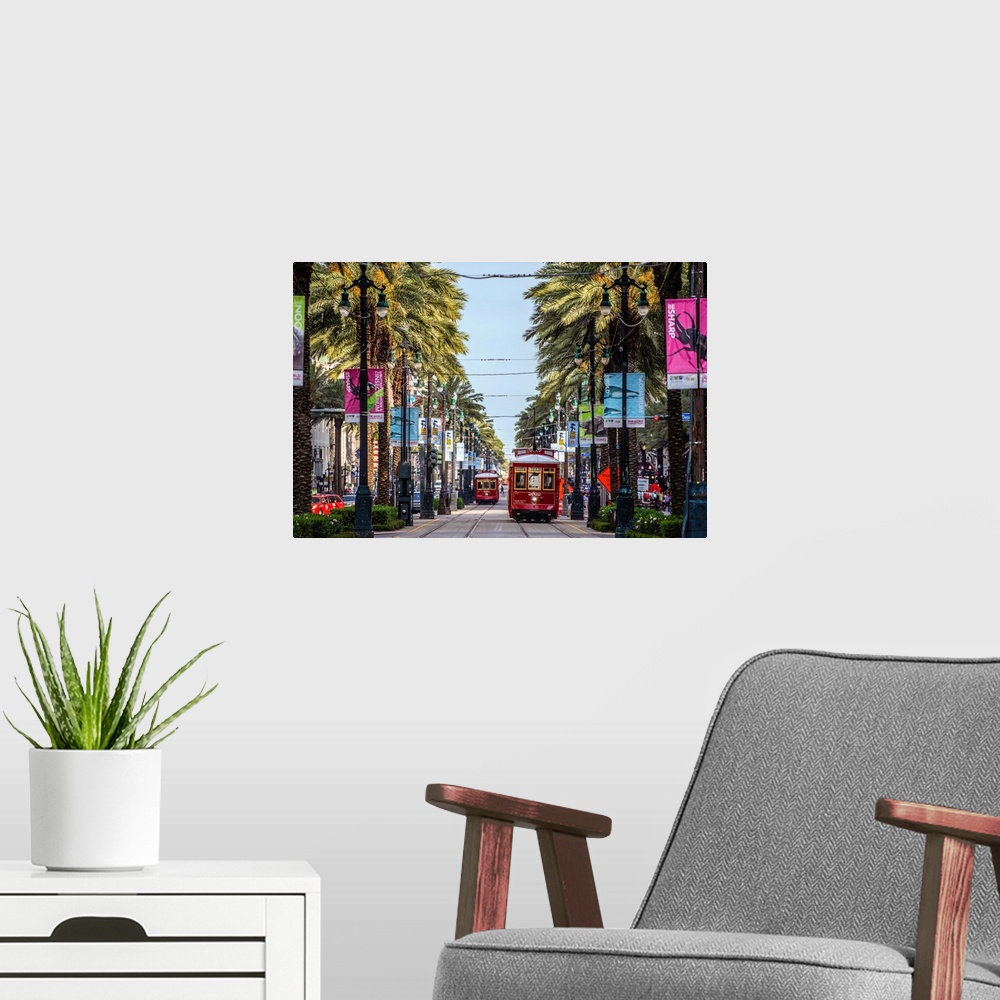A modern room featuring Streetcars traveling in New Orleans, Louisiana.