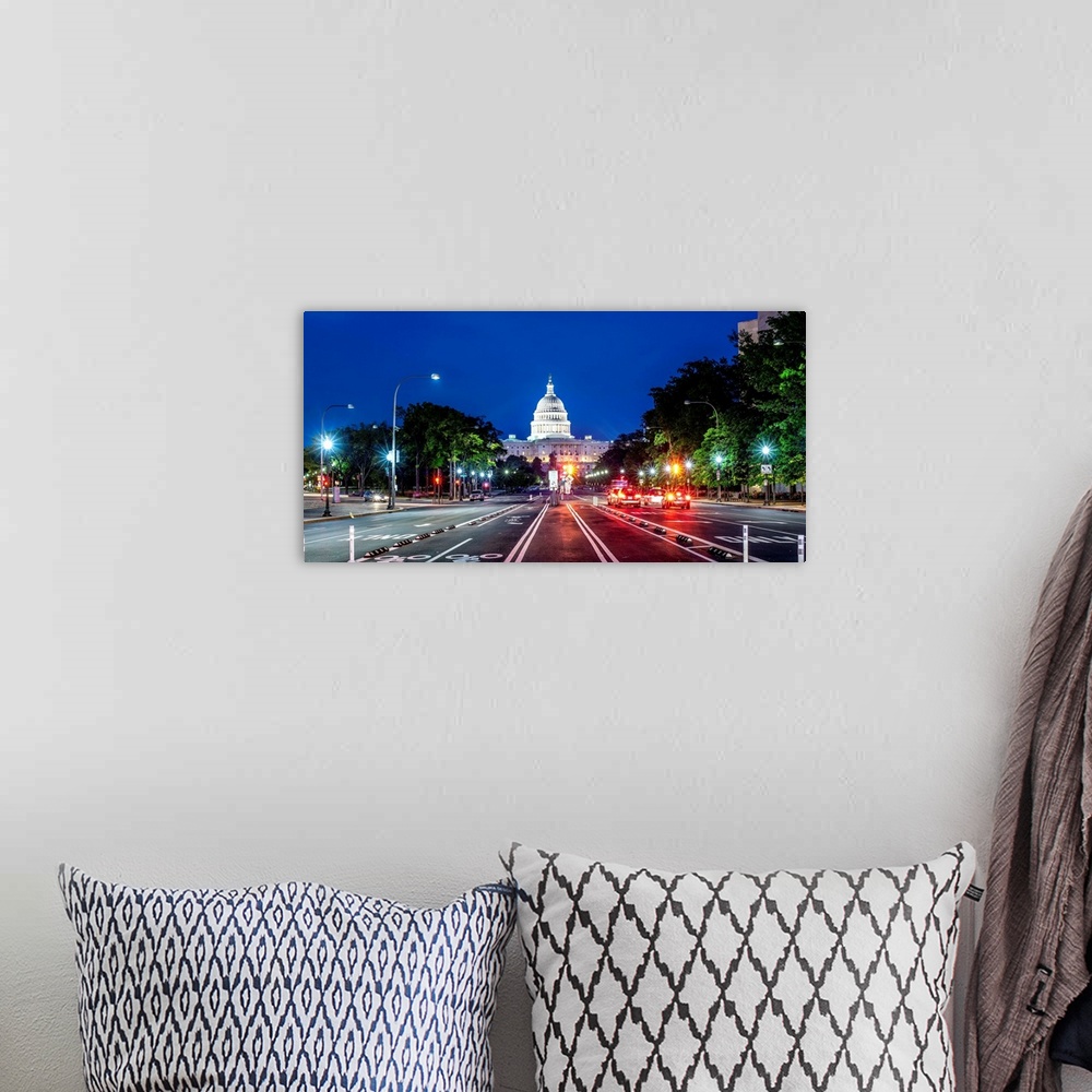 A bohemian room featuring Streetview of the US Capitol Building at night in Washington DC.