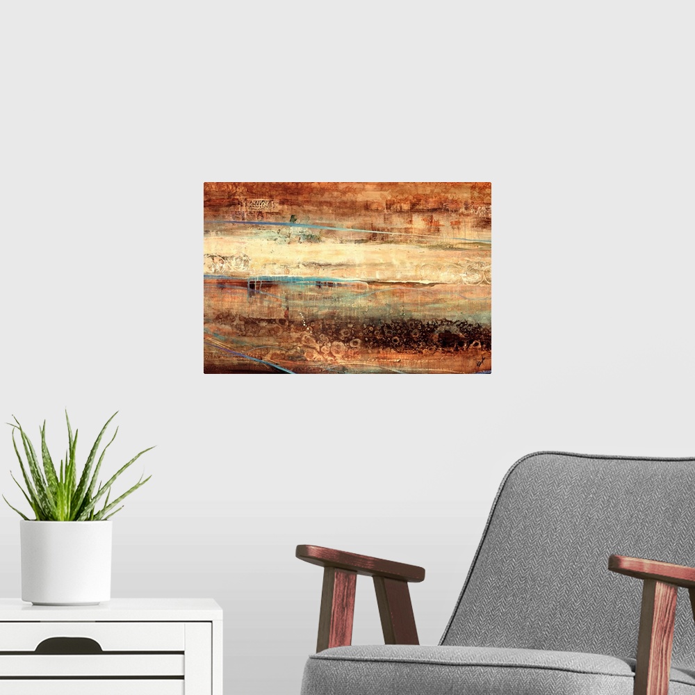 A modern room featuring Large, landscape, abstract painting of various horizontal streaks of texture and color in earth t...