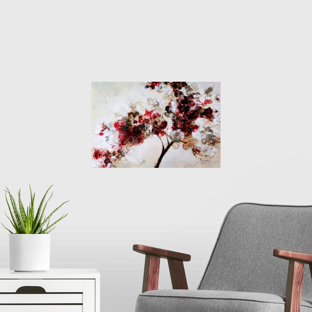 A modern room featuring Contemporary art of a single tree branch filled with multicolored circular flowers, on a light ne...