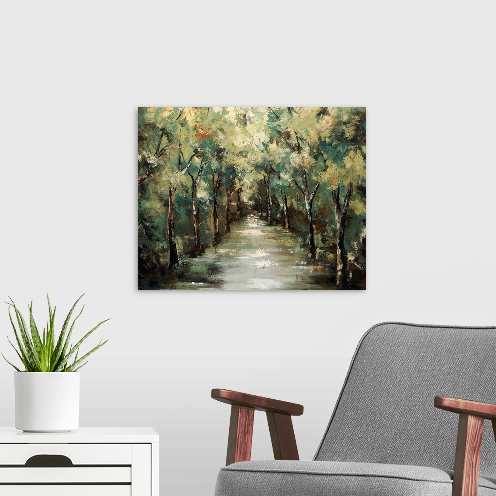 A modern room featuring Contemporary landscapes scene of a path running through a vibrant and verdant forest.
