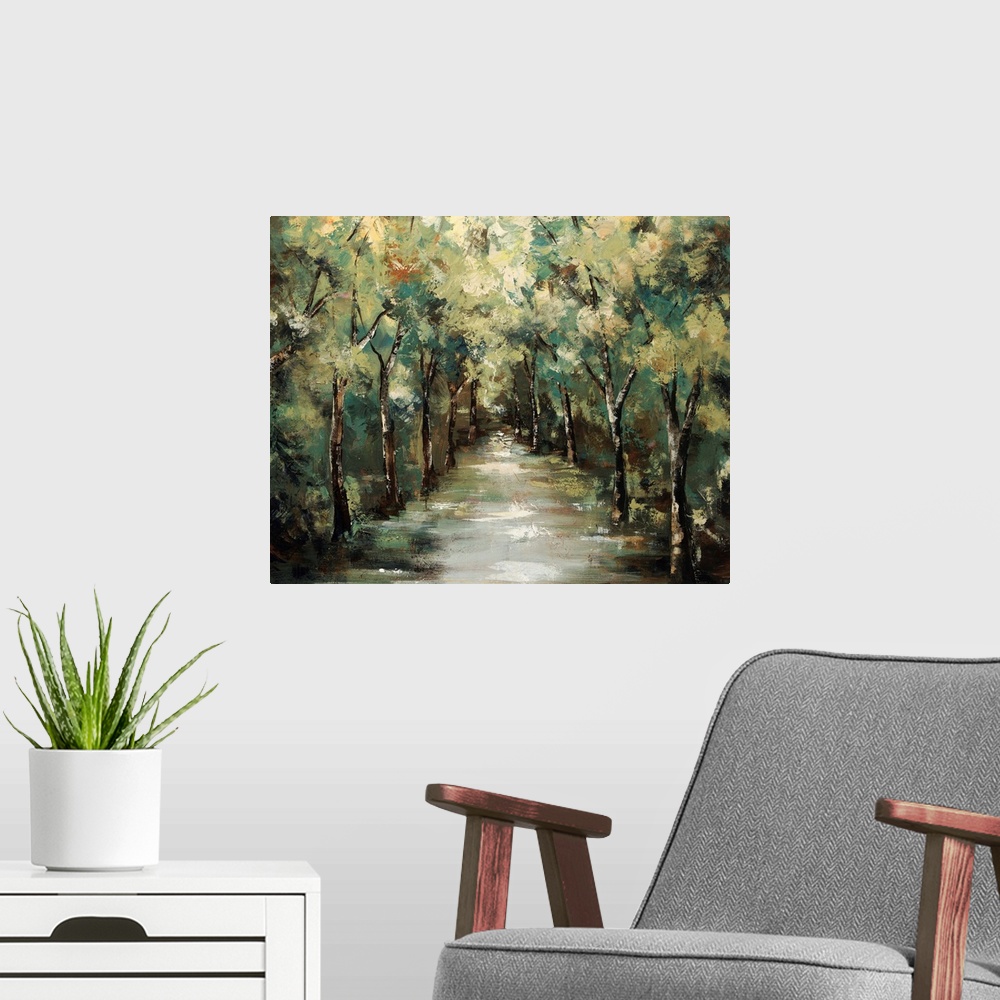A modern room featuring Contemporary landscapes scene of a path running through a vibrant and verdant forest.