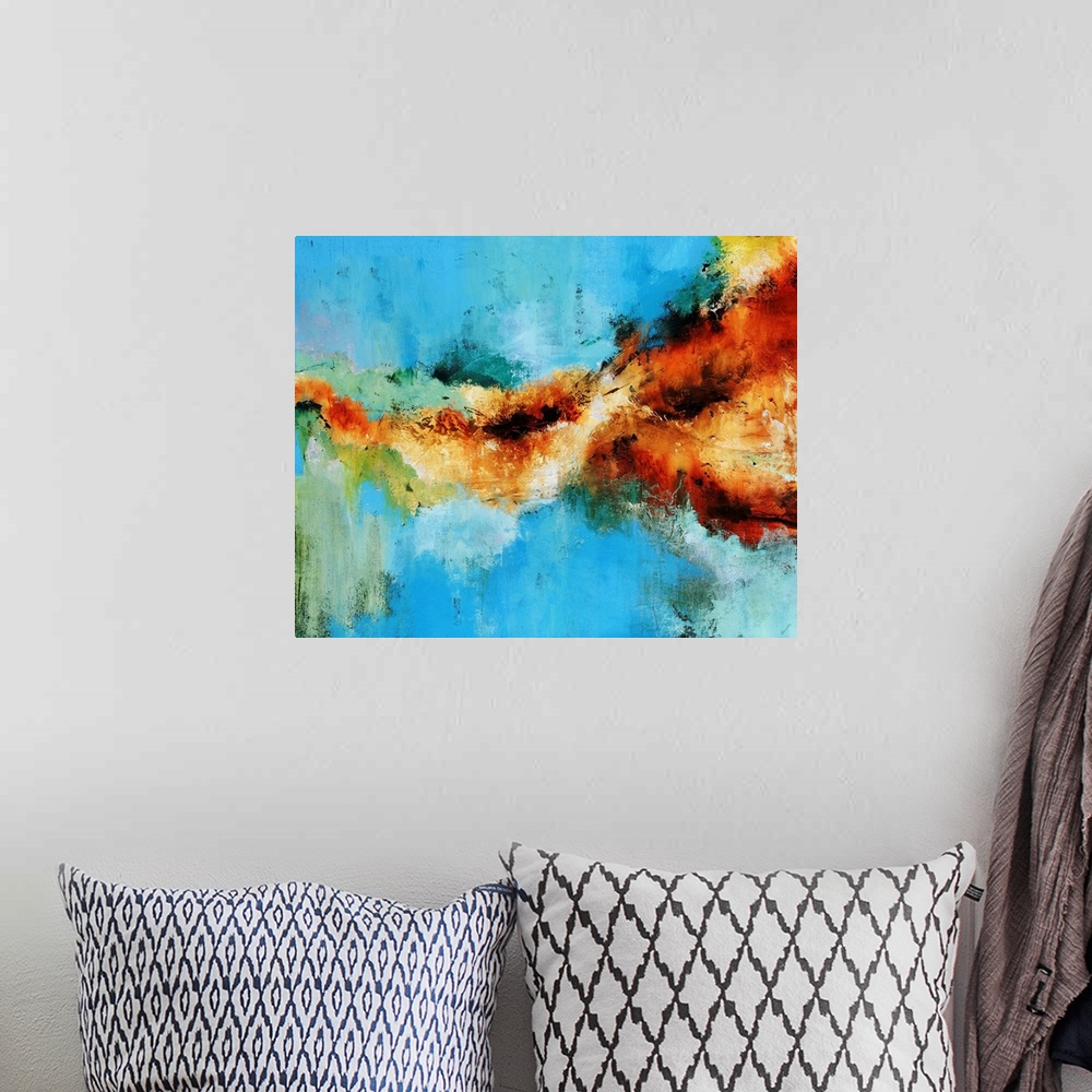 A bohemian room featuring Large abstract painting with warm colors splattered against cool tones.