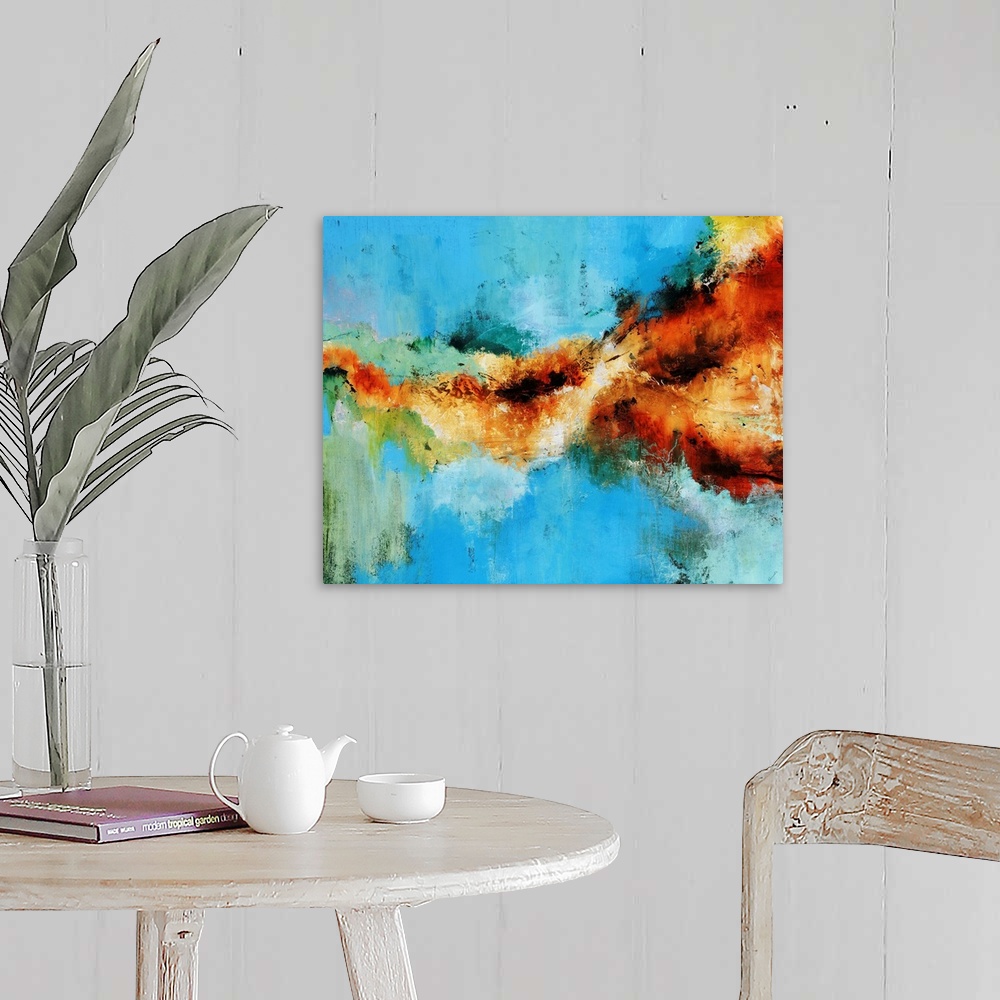 A farmhouse room featuring Large abstract painting with warm colors splattered against cool tones.