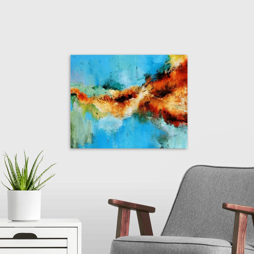 A modern room featuring Large abstract painting with warm colors splattered against cool tones.