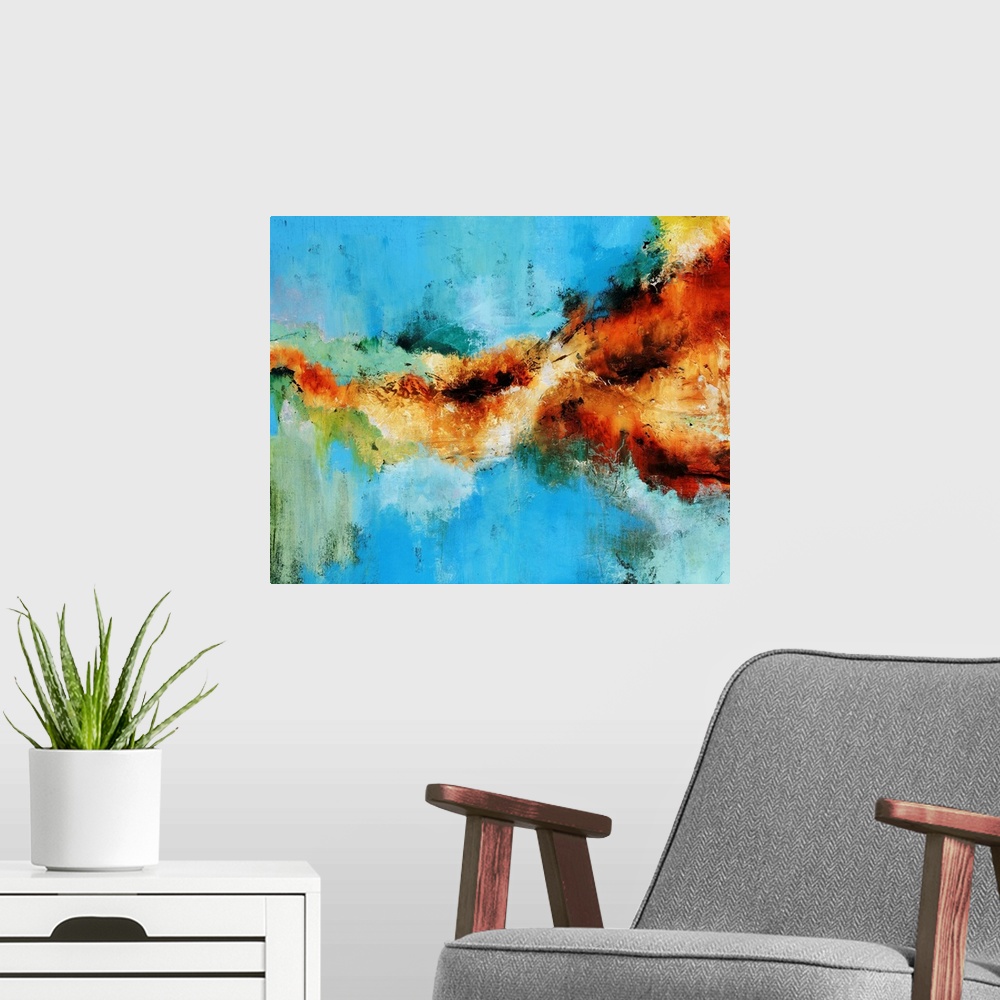 A modern room featuring Large abstract painting with warm colors splattered against cool tones.
