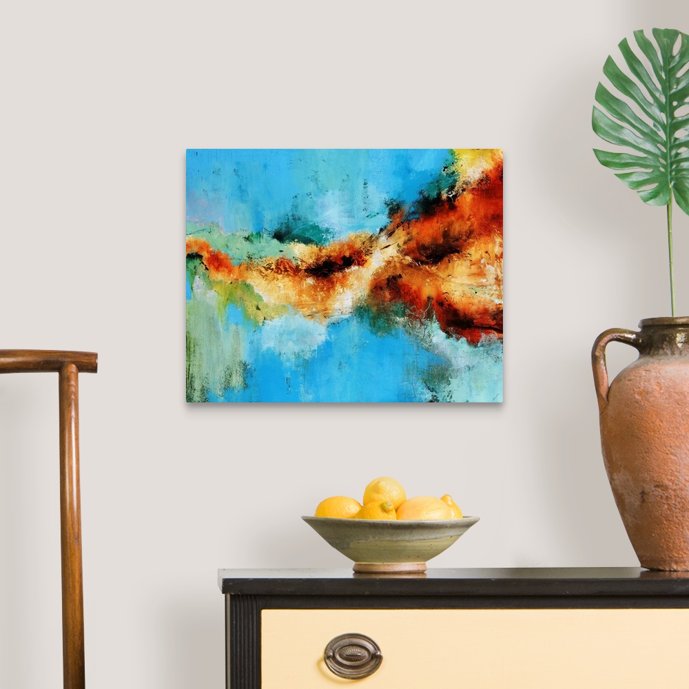 A traditional room featuring Large abstract painting with warm colors splattered against cool tones.