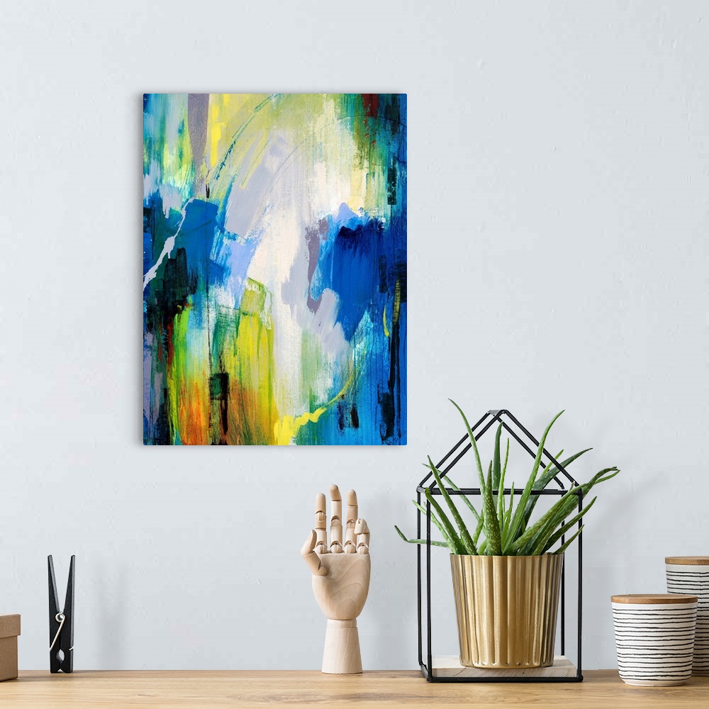 A bohemian room featuring Contemporary abstract painting with bright, cool strokes of color great for home or office docor.