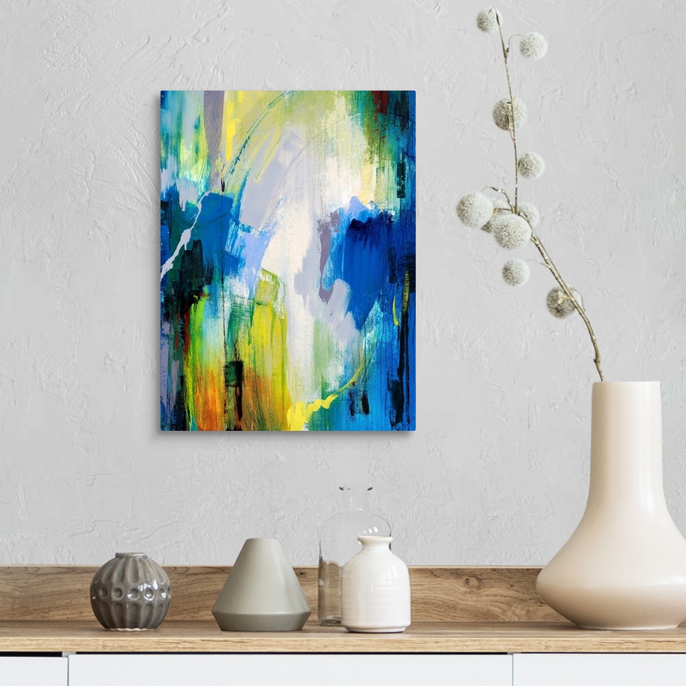 A farmhouse room featuring Contemporary abstract painting with bright, cool strokes of color great for home or office docor.