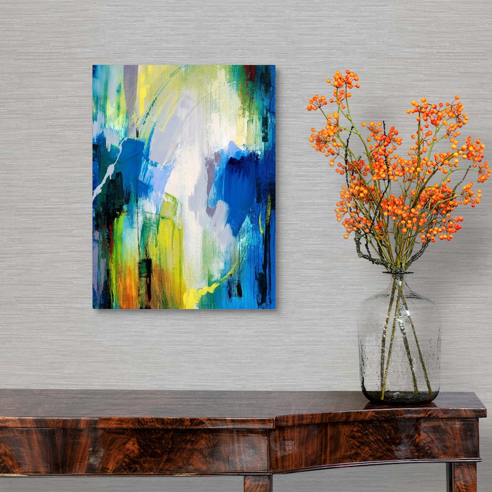 A traditional room featuring Contemporary abstract painting with bright, cool strokes of color great for home or office docor.