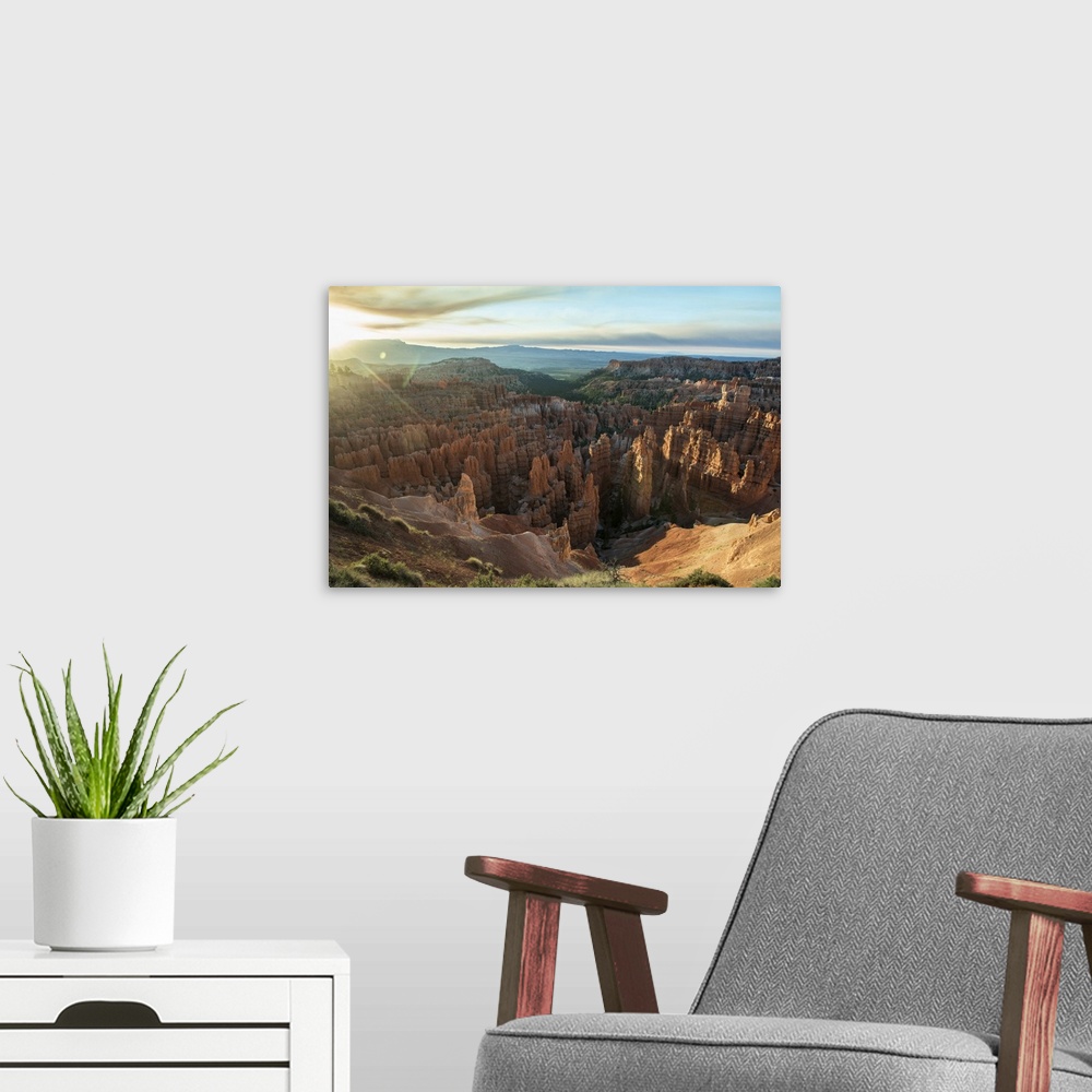 A modern room featuring Pastel clouds at sunset over the striped hoodoos of Bryce Canyon Amphitheater, Bryce Canyon Natio...