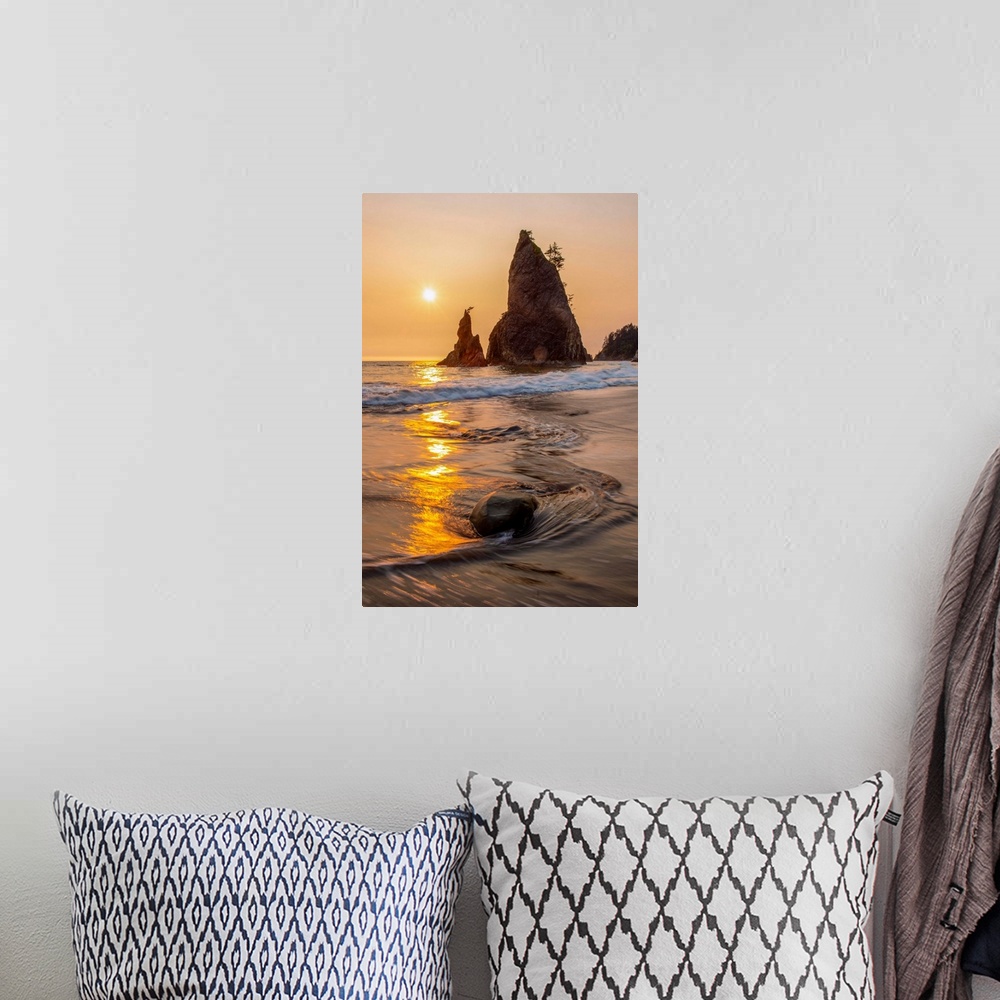 A bohemian room featuring Vertical columns of rock scatter beaches near Olympic National Park, Washington.