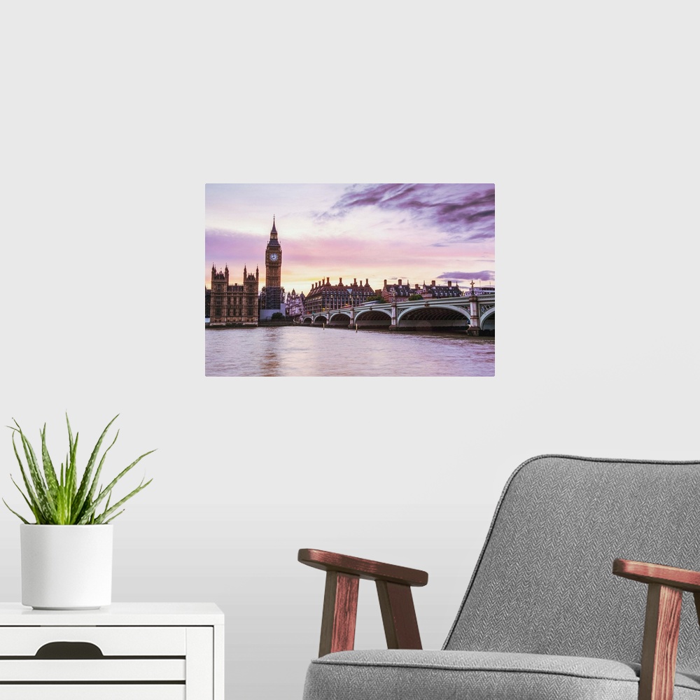A modern room featuring Photograph of Big Ben and the Westminster Bridge with a pink and purple sunset.