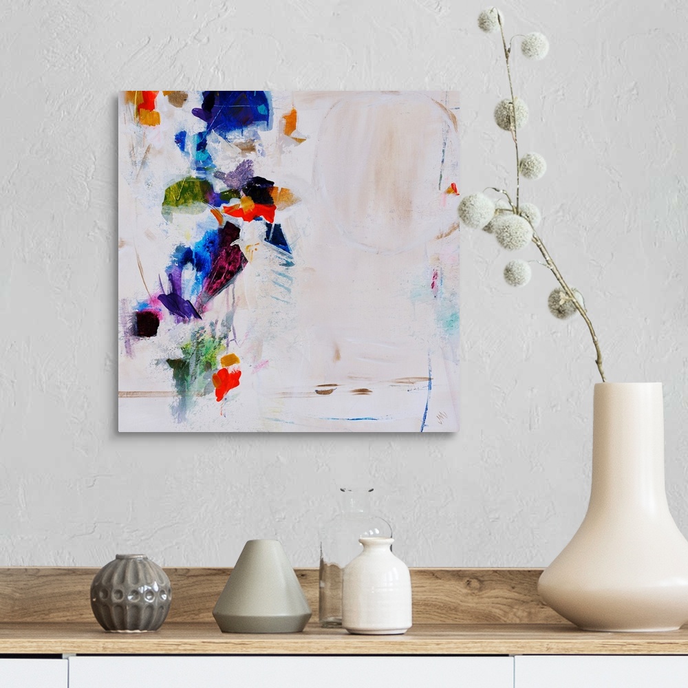 A farmhouse room featuring Abstract painting featuring vibrant splotches of color over a neutral background.