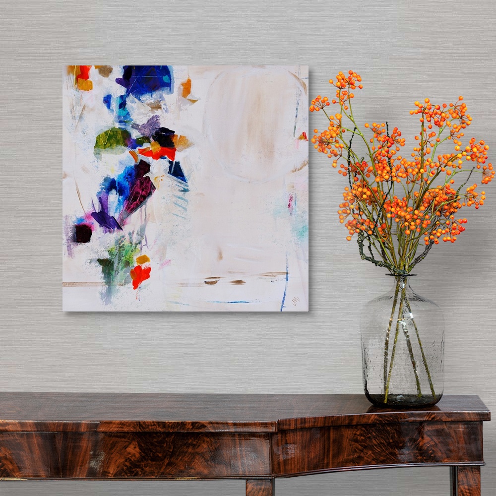A traditional room featuring Abstract painting featuring vibrant splotches of color over a neutral background.