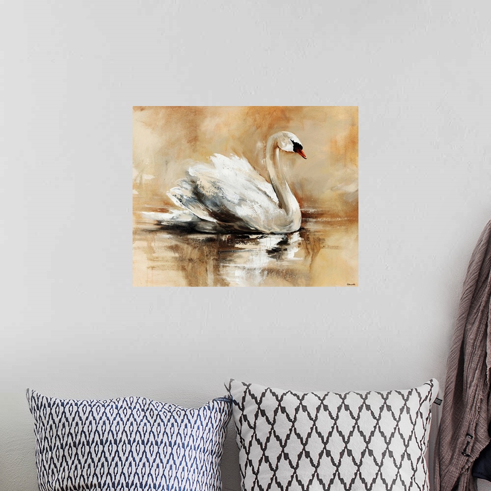 A bohemian room featuring Abstrated painting of a beautiful swan floating gracefully atop a lake.