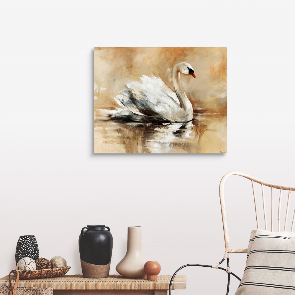 A farmhouse room featuring Abstrated painting of a beautiful swan floating gracefully atop a lake.