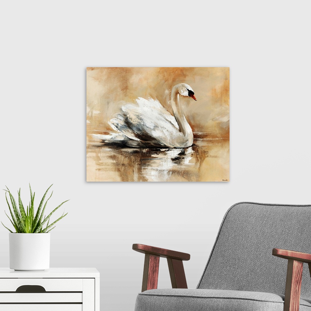 A modern room featuring Abstrated painting of a beautiful swan floating gracefully atop a lake.