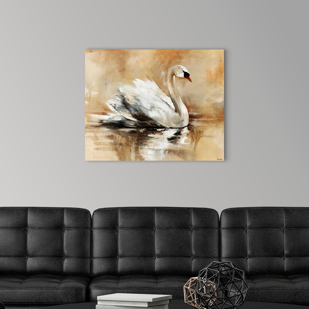A modern room featuring Abstrated painting of a beautiful swan floating gracefully atop a lake.