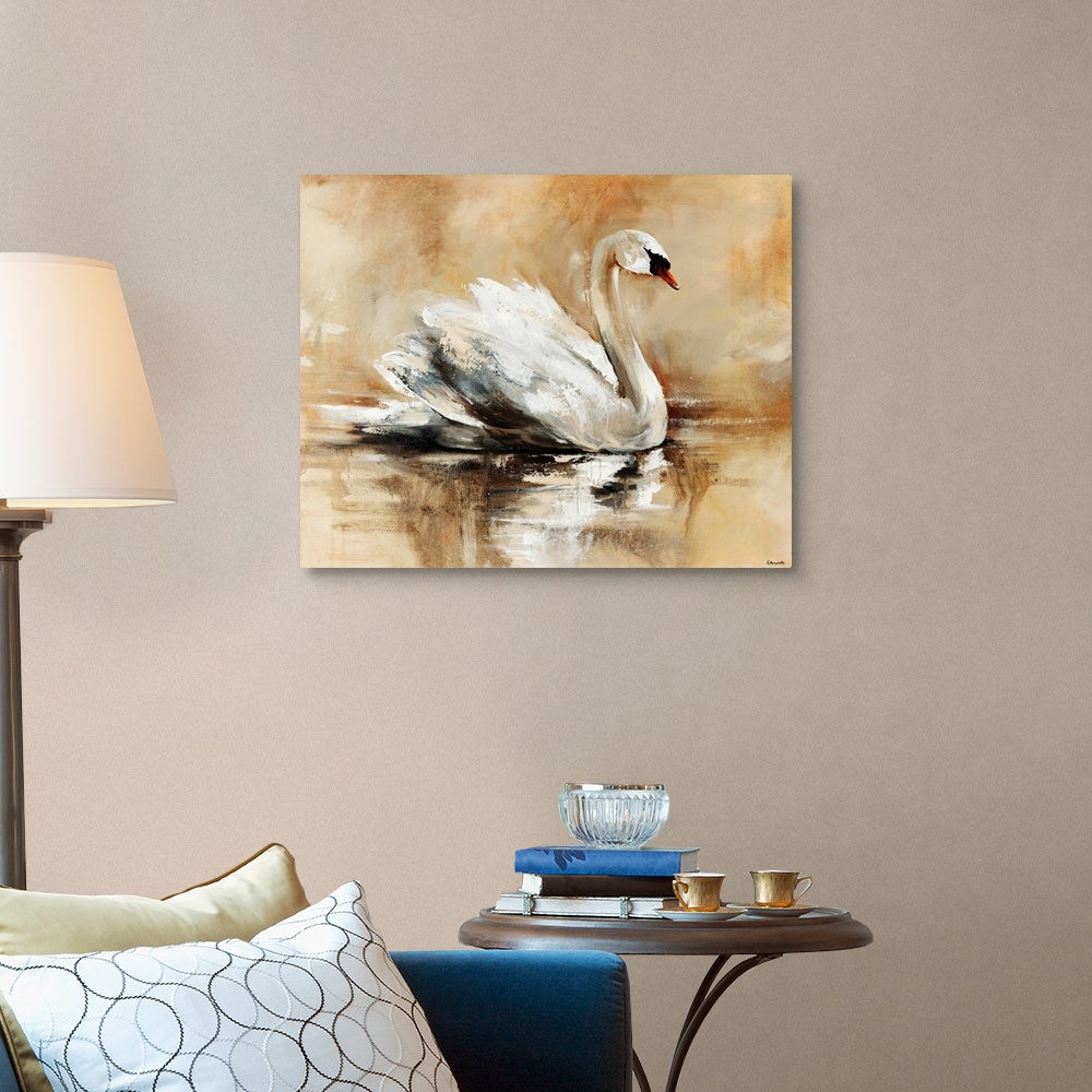 A traditional room featuring Abstrated painting of a beautiful swan floating gracefully atop a lake.