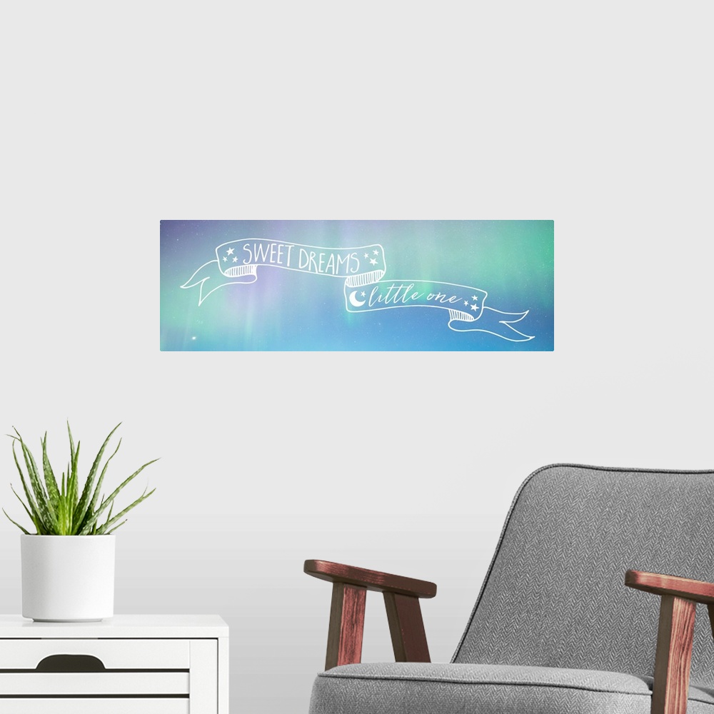 A modern room featuring Sentimental message on a banner decorated with stars, over an aurora borealis.
