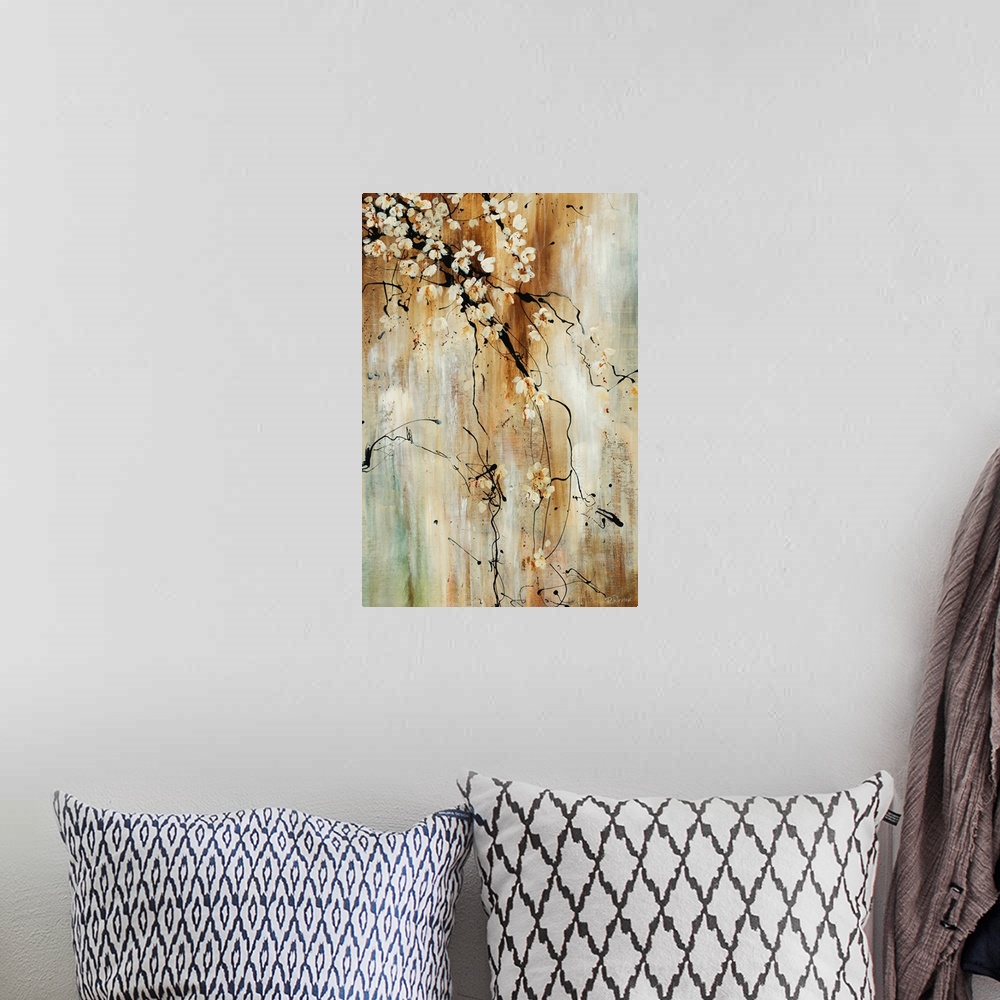 A bohemian room featuring Painting of flower covered tree branches against an abstract background. The branches are free fl...