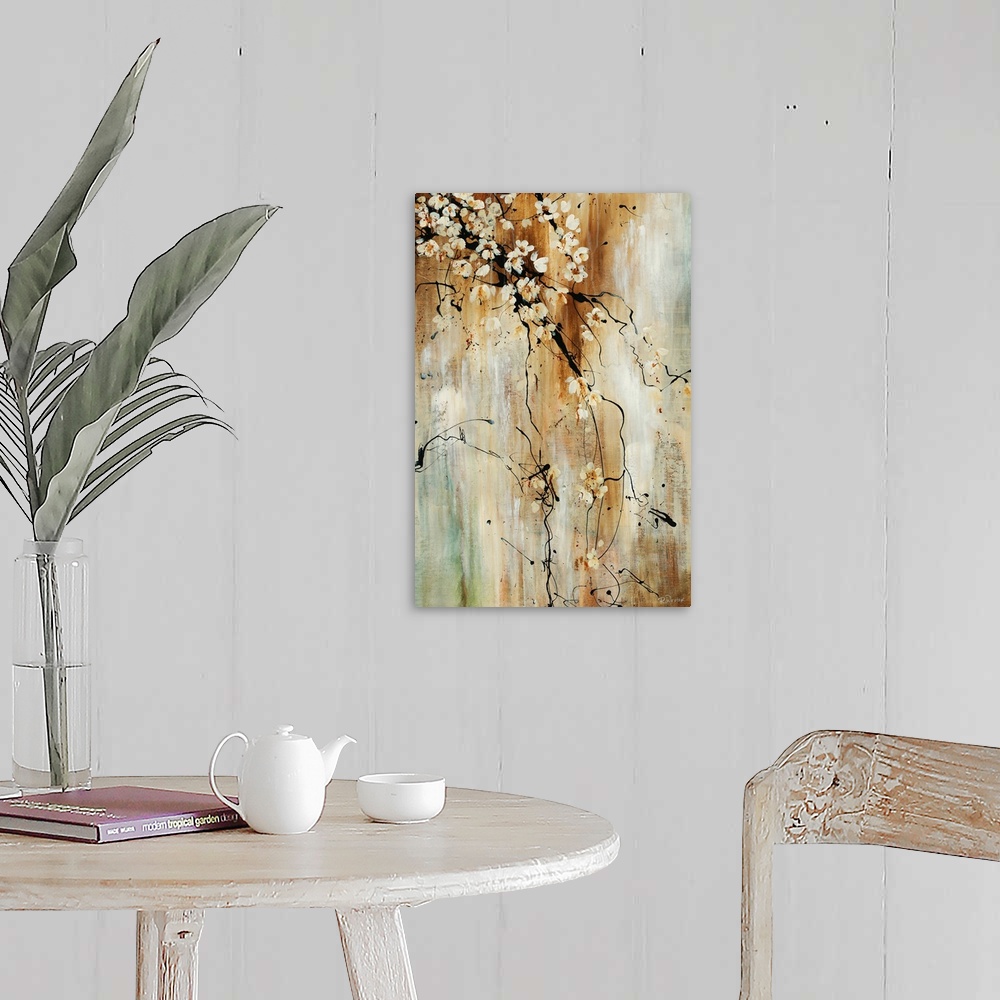 A farmhouse room featuring Painting of flower covered tree branches against an abstract background. The branches are free fl...