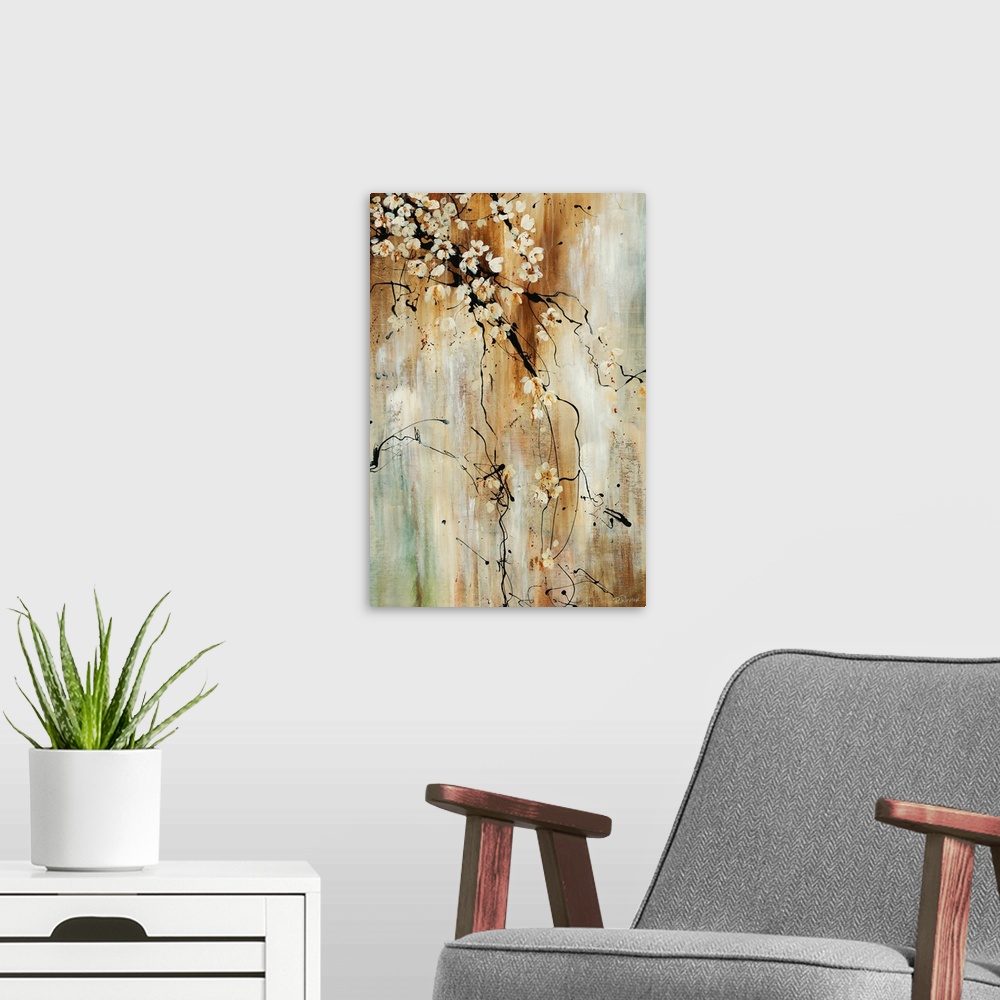 A modern room featuring Painting of flower covered tree branches against an abstract background. The branches are free fl...