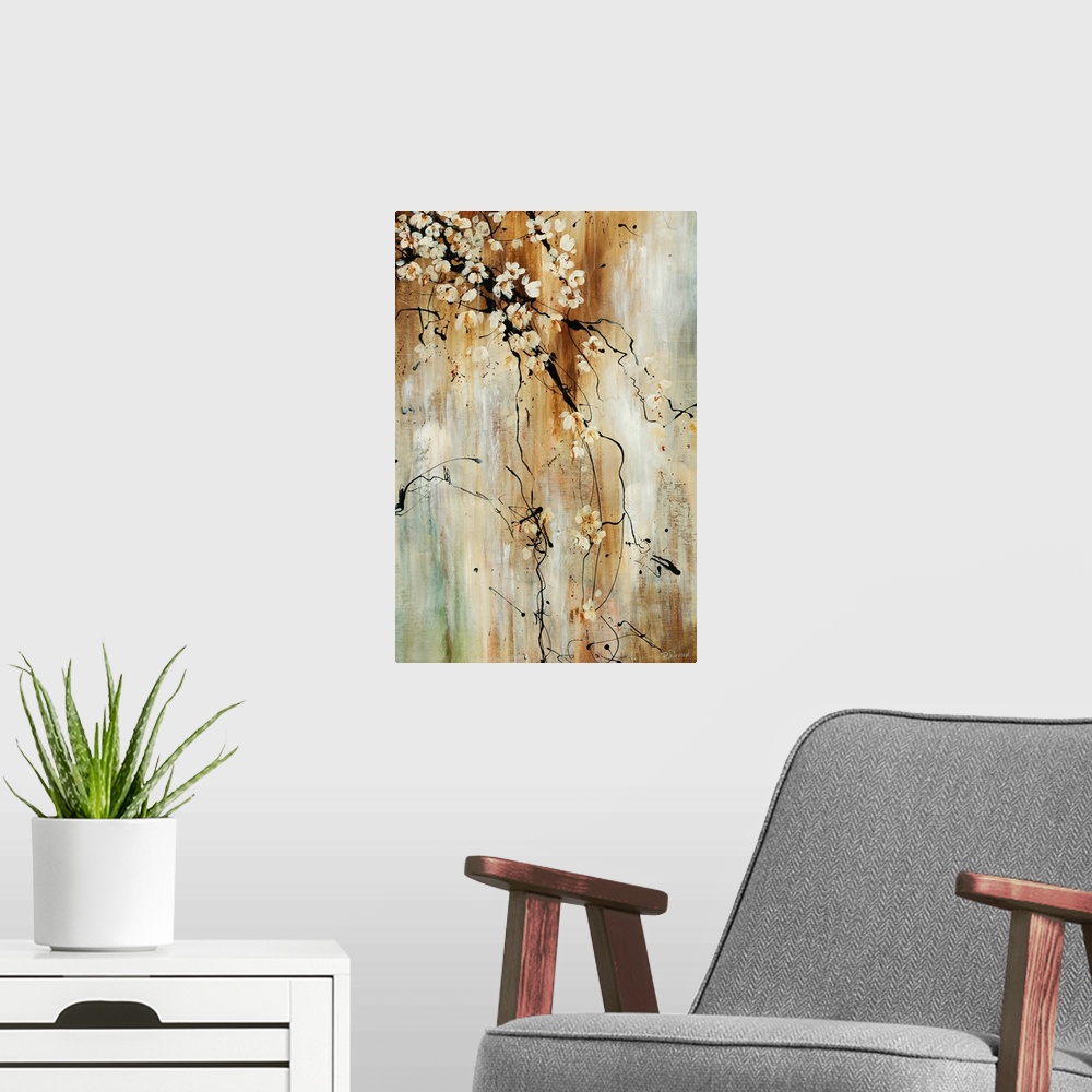 A modern room featuring Painting of flower covered tree branches against an abstract background. The branches are free fl...