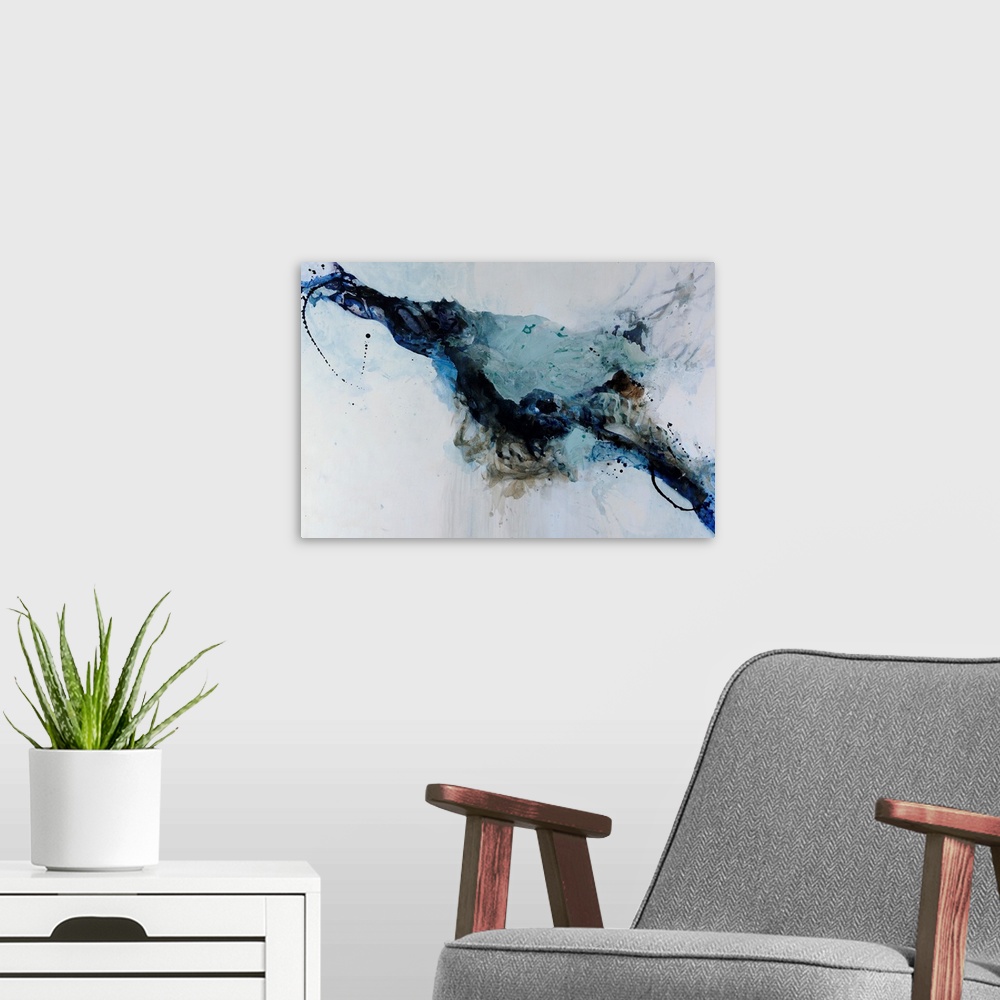 A modern room featuring Abstract painting in black and blue against a cool gray background.