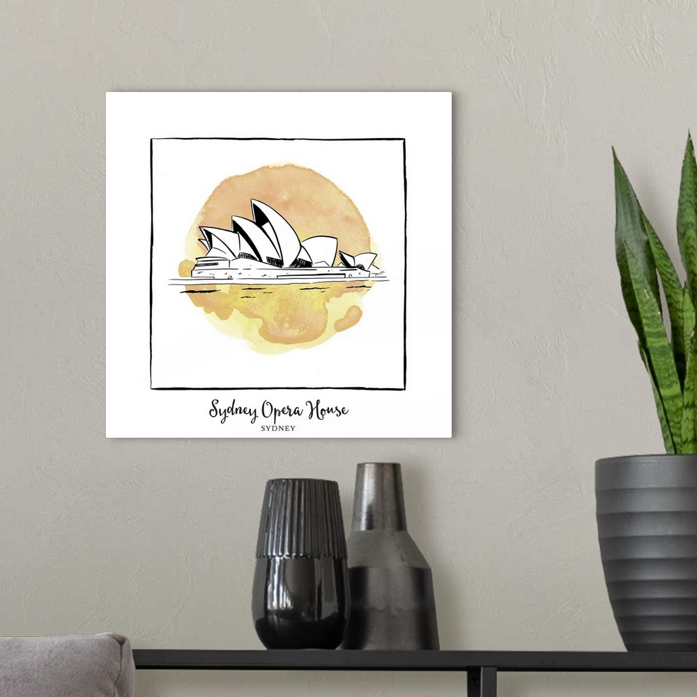 A modern room featuring An ink illustration of the Sydney Opera House in Sydney, Australia, with an orange watercolor wash.
