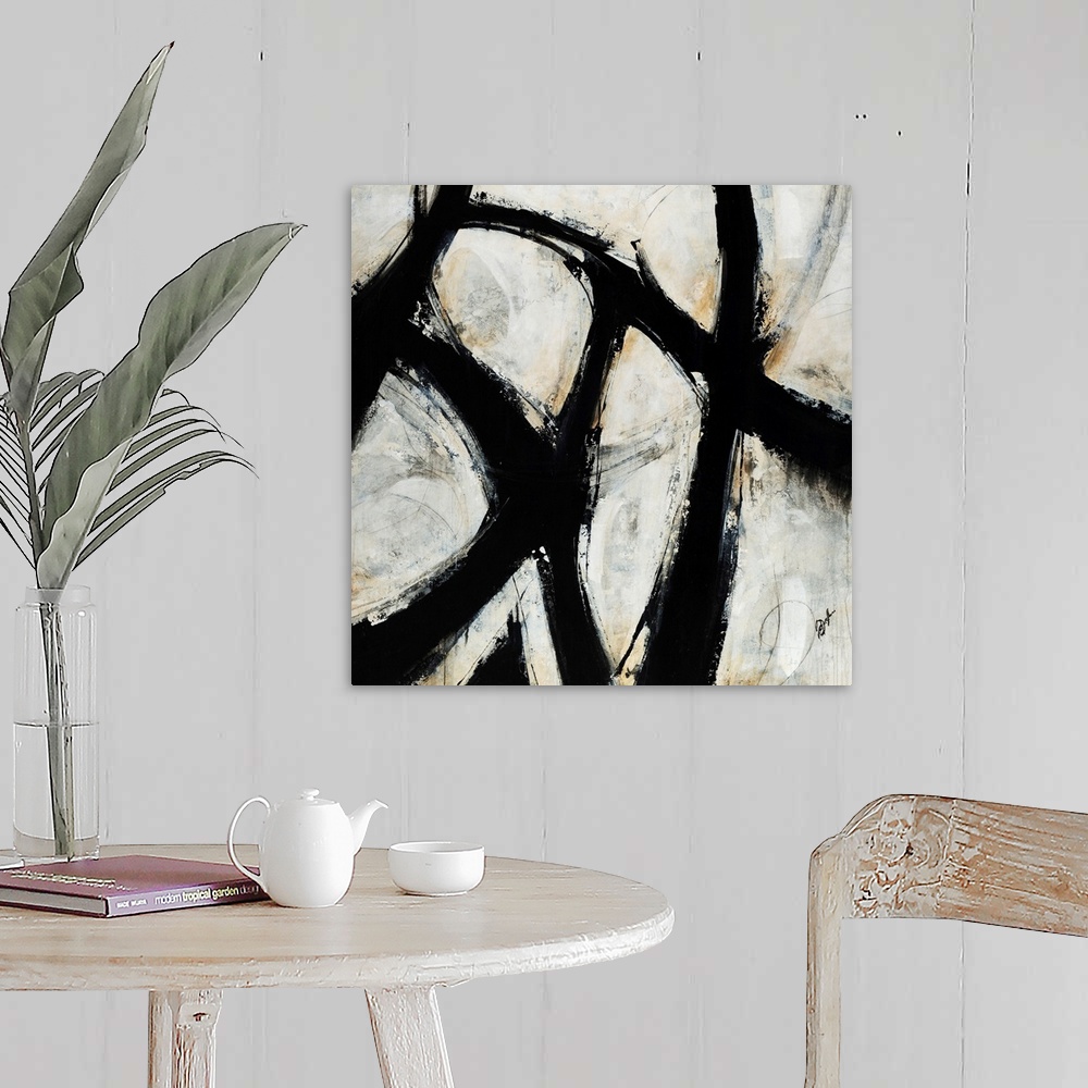 A farmhouse room featuring Contemporary abstract painting of black brush strokes over a netural background.