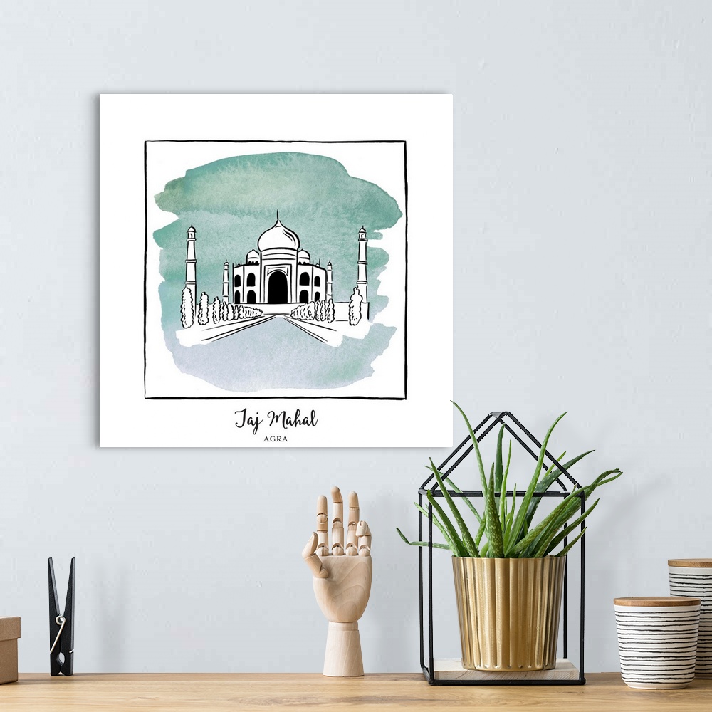 A bohemian room featuring An ink illustration of the Taj Mahal in Agra, India, with a teal watercolor wash.