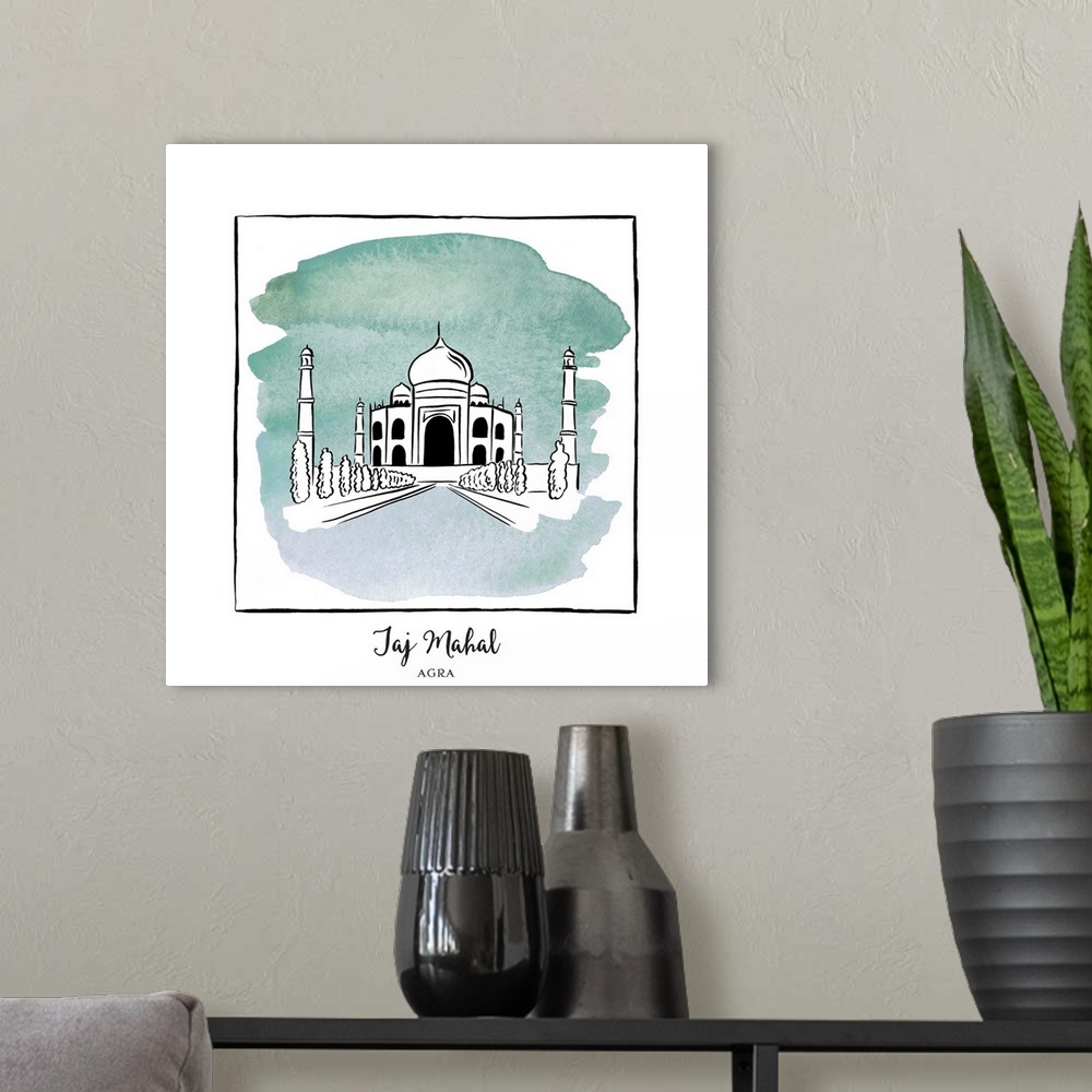 A modern room featuring An ink illustration of the Taj Mahal in Agra, India, with a teal watercolor wash.